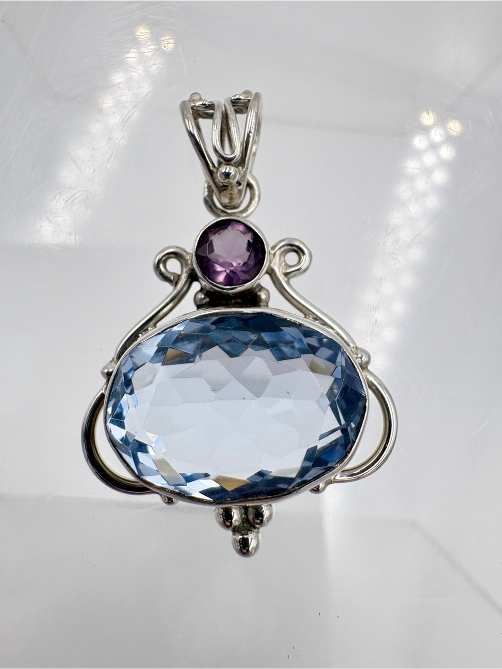Elegant 925 Silver 10 CT Faceted Aquamarine & Amethyst Pendant - (Pendant Only) - Picture 2 of 16